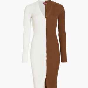 STAUD Two-Tone Ribbed Button-Front Midi Dress in White and Brown
